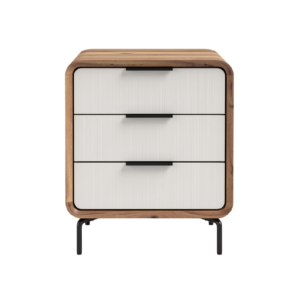 Modern Wooden Nightstand with Three Drawers and Metal Legs