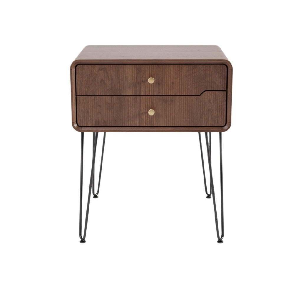 Modern Walnut Nightstand with Two Drawers and Metallic Legs